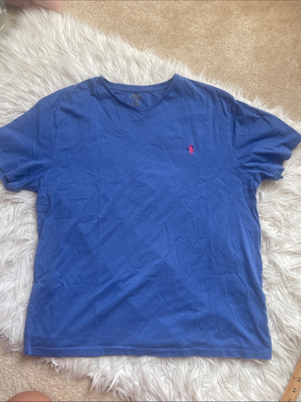 Ralph Lauren Men’s V-Neck Tee in Blue with Pink Pony